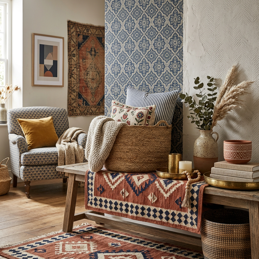 Living room corner with patterned armchair, cushions, woven basket, dried plants, and layered rugs